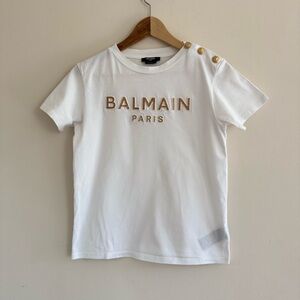 Balmain Paris White Logo T-Shirt with Gold‎ Buttons Size 12A